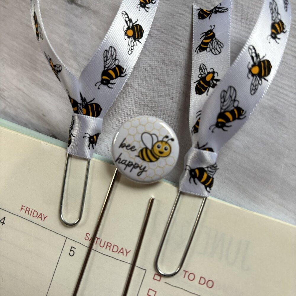 Bee Happy Jumbo Planner Clip Set - Cute Bee Ribbon Paperclips for Planners, Jour